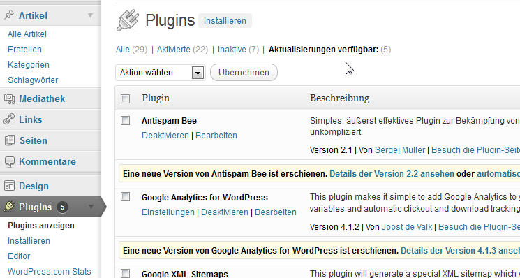 Wordpress Plugins aktualisieren