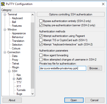 Private Key-Datei in PuTTY eintragen
