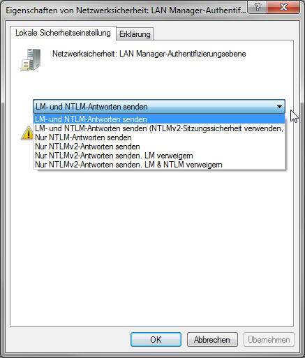 Windows7 Einstellung "LM und NTLM-Anworten senden"
