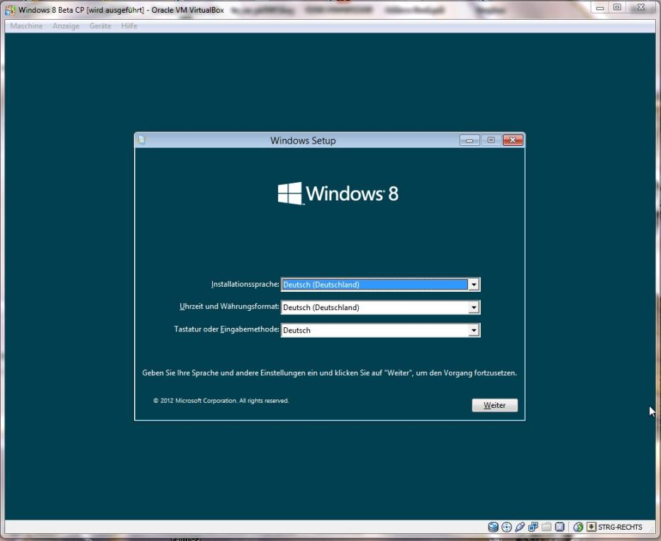 Windows 8 CP Installationsstart