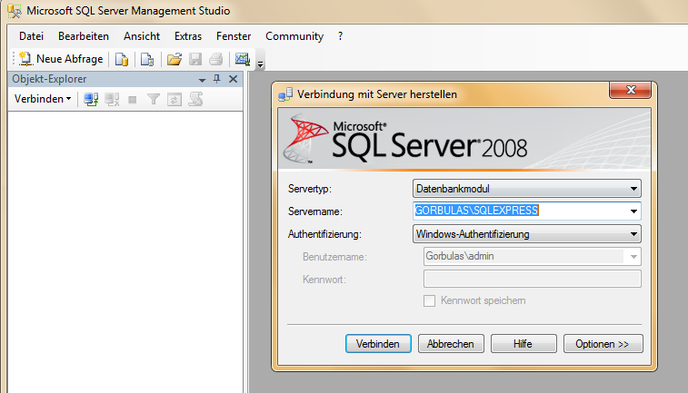 Login mit SQL-Server Management Studio