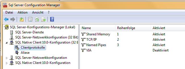 Konfiguration der Protokolle des SQL-Servers 2008